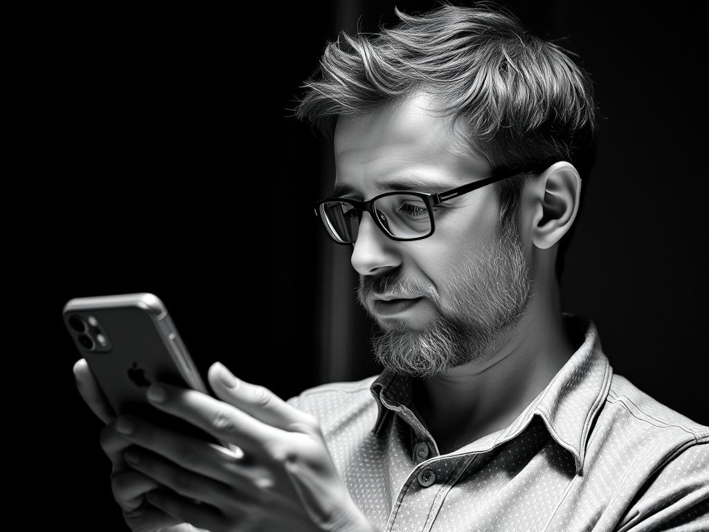 The man is looking at the phone.фото